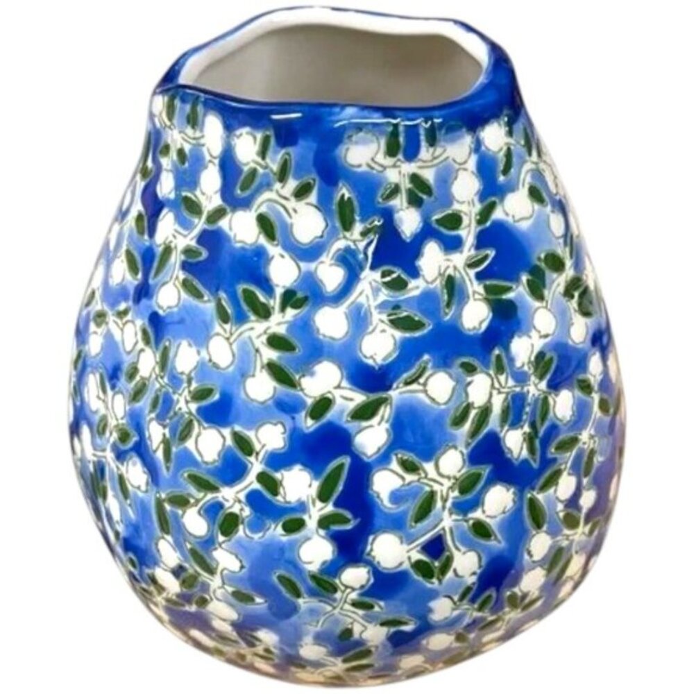 dorotea CAROLINA SILVA hand painted ceramic vase etched white flowers on blue - Picture 2 of 11